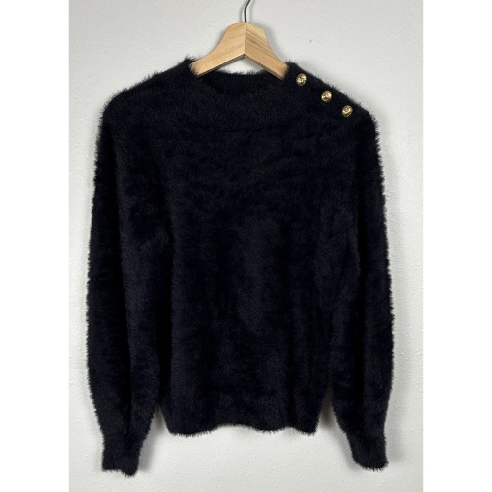 Banana Republic Petite M Black Fuzzy Eyelash Sweater Gold Shoulder Buttons